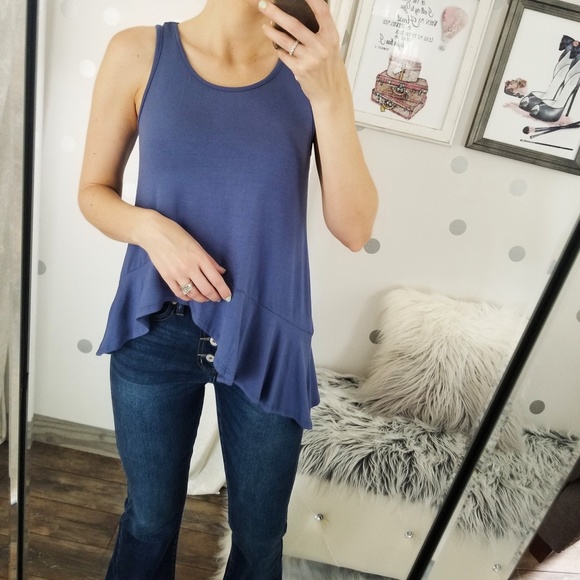 Denim Blue Fall Casual Basic Tops Women’s Navy Summer Muscle Tank Ruffle Tops - Picture 4 of 9